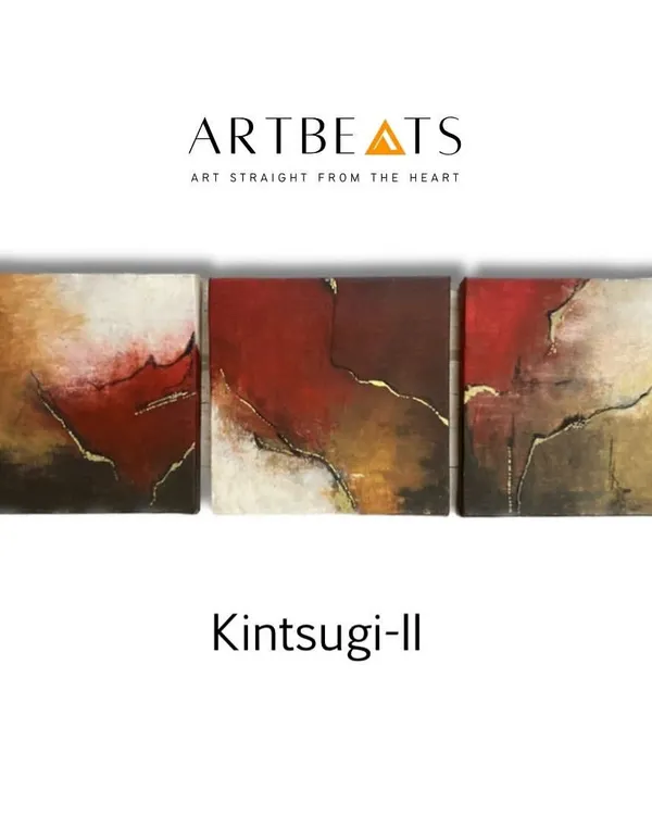 This is 'Kintsugi-II', a three-panel abstract artwork representing the art of mending with gold. The piece explores how our obstacles and imperfections can become sources of beauty and strength, a concept I find deeply grounding.