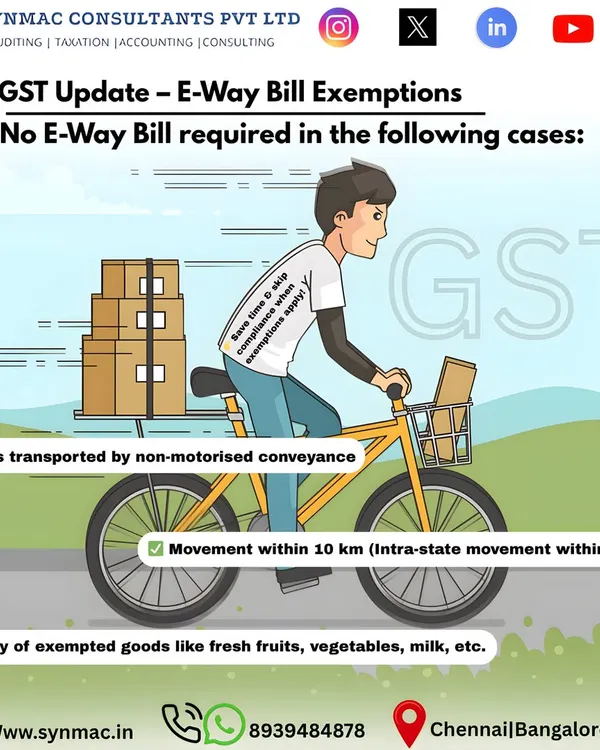 Not all goods transport requires an E-Way Bill, and knowing the exemptions can save you time and paperwork. This visual explains three key scenarios where an E-Way Bill is not needed, such as for non-motorised transport or movement within a 10 km radius. I help businesses streamline their logistics while staying GST compliant.