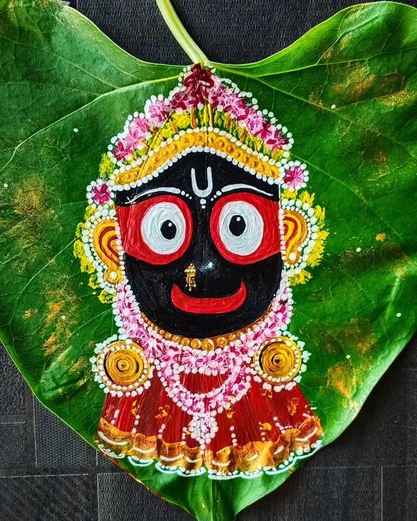 I painted this detailed portrait of Lord Jagannath on a real, hand-selected Pipal leaf. This piece combines my love for devotional subjects with the unique challenge of using a natural canvas, making it a truly special artwork for any sacred space.