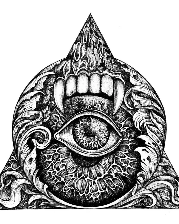 An ink drawing exploring themes of the predator and the all-seeing eye, framed within a geometric triangle. This piece combines sharp, aggressive elements with intricate, decorative patterns.