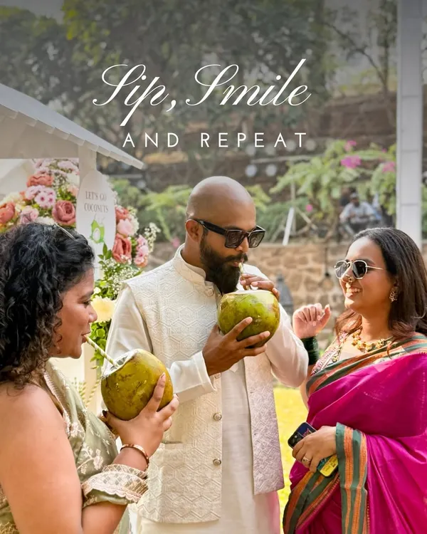 Sip, smile, and repeat. My 'Nariyal Pani' or coconut water cart is a refreshing and healthy addition to any wedding, especially outdoor events. Here, guests are enjoying a cool break with fresh coconuts.