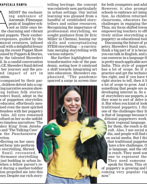A newspaper feature detailing my journey with Talking Turtles Storytellers. It discusses how I use puppetry to tell folktales and my passion for empowering children and educators through narrative.