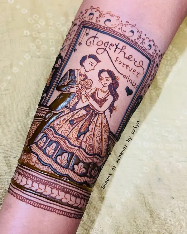 A beautiful close-up of a custom couple portrait for a bride's engagement. I work from your favorite photos to capture your likeness and the joy of the moment, making your mehendi truly personal.