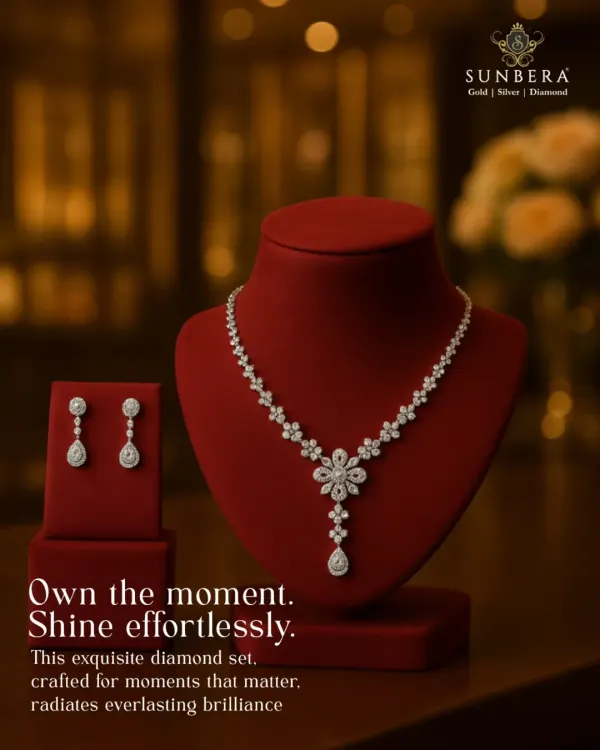 This exquisite floral diamond necklace set embodies the luxury and fine craftsmanship we are known for. The brilliant-cut diamonds are set in a cascading design, creating a piece that radiates timeless elegance and is perfect for high-end bridal and festive collections.