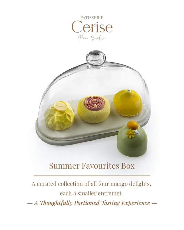 My Summer Favourites Box is a thoughtfully portioned tasting experience. It's a curated collection of all four of my mango delights, each presented as a beautiful mini entremet.