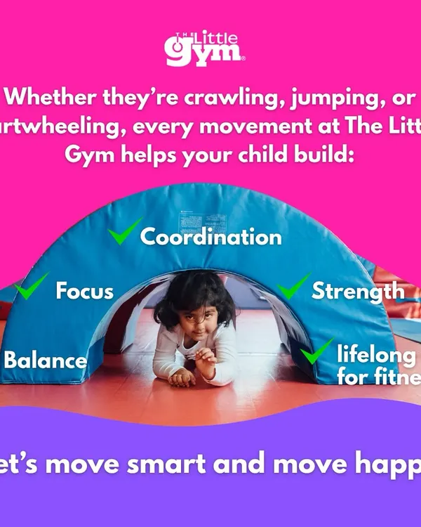 A child crawls happily through a soft play tunnel. This graphic illustrates how every movement helps build balance, focus, coordination, strength, and a lifelong love for fitness.