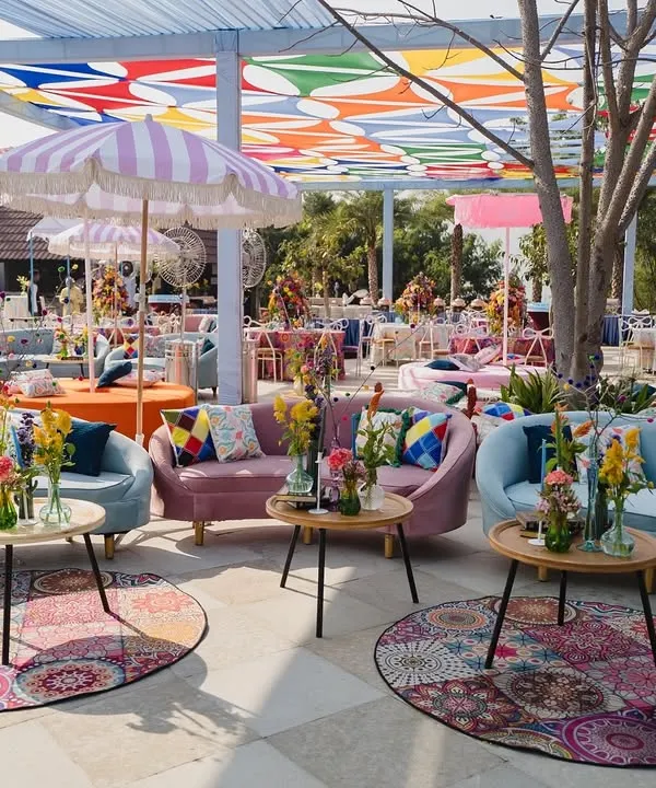For this poolside Haldi at Ananta Udaipur, we used vibrant pastel furniture and a colorful canopy to create a fresh, playful energy. It was a modern twist on a traditional ceremony, designed to be cool, funky, and unique.