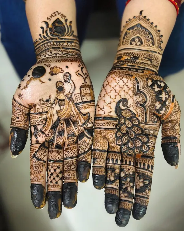 A classic Karvachauth design brought to life. This detailed piece features a traditional portrait of a woman with a chalni, complemented by an elegant peacock motif, capturing the essence of the festival.