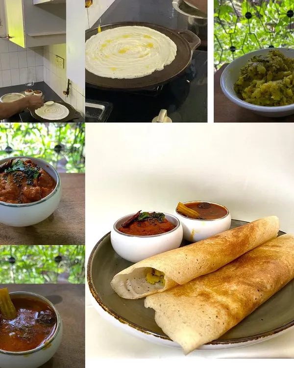 This shows the entire process of making Masala Dosa, from me at the stove to the final plated dish. You can see the potato masala, sambar, and chutney that complete this classic South Indian meal.