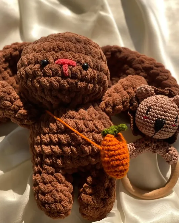 This adorable baby set includes a soft brown teddy bear plushie and a matching lion rattle. Both are made from baby-safe materials, with a wooden teether ring on the rattle for a natural touch.