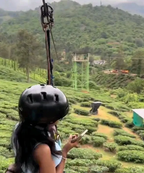 Getting a bird's eye view of the tea plantations while on the longest zipline in Wayanad. An absolute thrill for adventure lovers.