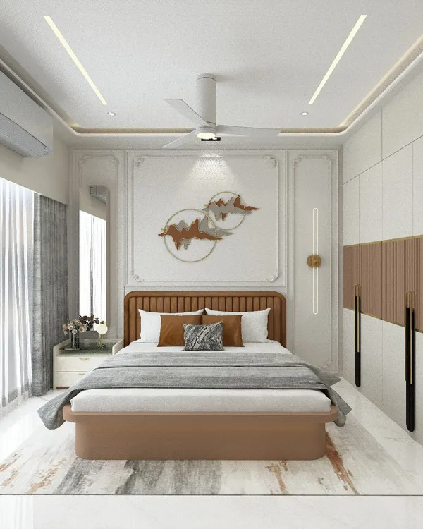 This master bedroom is designed for indulgence and style. We used wall moldings, a unique metal wall art piece, and a combination of warm wood tones and white laminate for a sophisticated and timeless look.