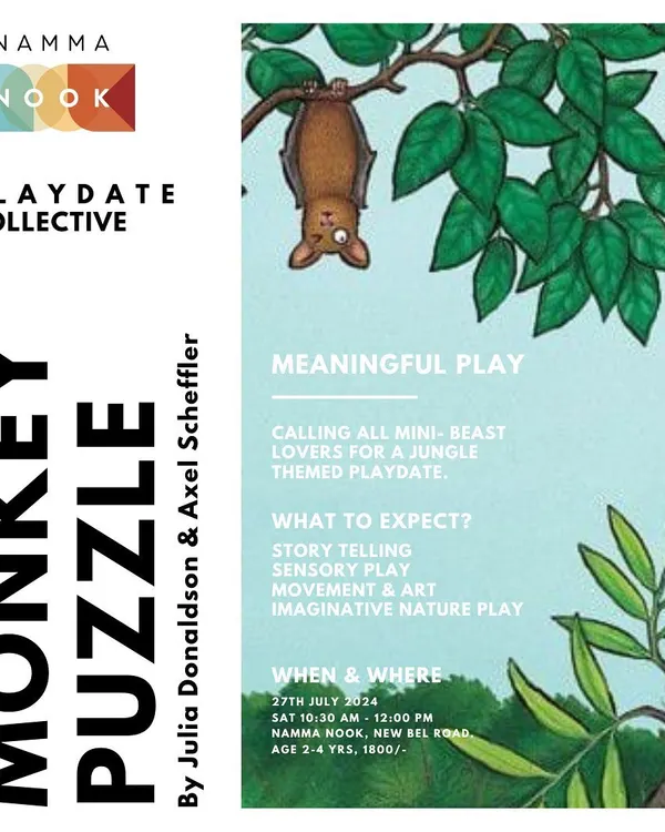This is an example of our 'Monkey Puzzle' themed playdate, held at Namma Nook. We clearly list the story, activities like sensory play and art, and all the event details so parents can easily decide if it's the right fit for their family.