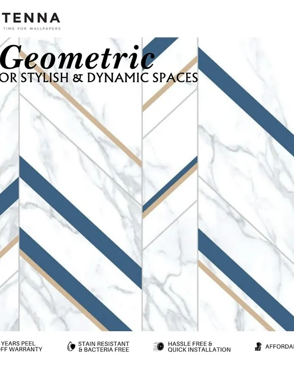 This geometric wallpaper combines a marble-like background with bold blue and beige stripes. The design is both stylish and dynamic, perfect for making a statement in a modern living room or foyer.