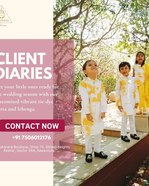 A beautiful moment with siblings dressed in our coordinated tie-dye ethnic wear. We designed a vibrant yellow lehenga for the sister and matching white and yellow tie-dye kurta pajama sets for her brothers, perfect for a sunny wedding function.
