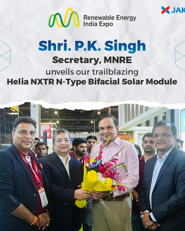 A proud moment as Shri P.K. Singh, Secretary, MNRE, unveils our trailblazing Helia NXTR N-Type Bifacial Solar Module at the Renewable Energy India Expo. This launch represents a significant leap in our commitment to delivering cutting-edge, high-efficiency solar solutions.