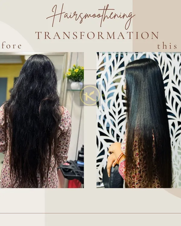 A classic before and after of my hair smoothening transformation. You can see how I took frizzy, wavy hair and made it incredibly straight, smooth, and glossy, showcasing a dramatic improvement in texture and shine.