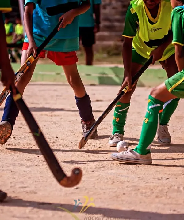 The clash of sticks on a dirt field. This image captures the essence of grassroots hockey, where the love for the game is all that matters.