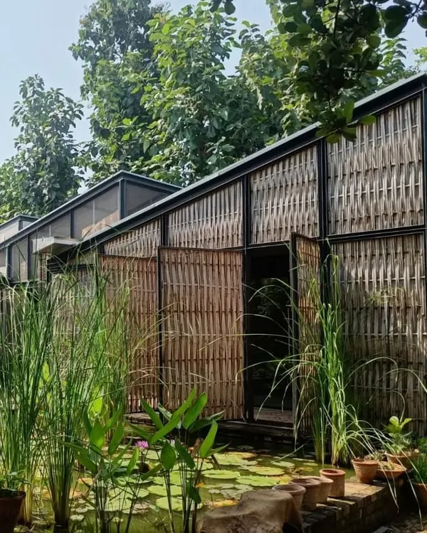 The Artist Residency at Farm8, where a bamboo exoskeleton is woven onto a lightweight steel frame. The structure sits beside a lily pond, creating a conversation between the natural landscape and the man-made form, which is built from sustainable, organic materials.