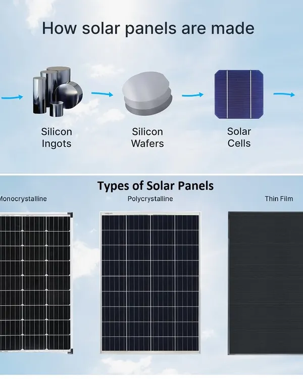 This infographic explains how solar panels are made, from raw silicon to the final product. It also shows the three main types of solar panels: Monocrystalline, Polycrystalline, and Thin Film, each suited for different applications.
