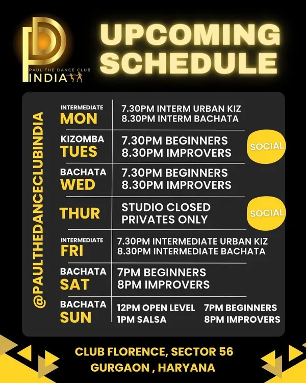 Our updated class schedule with a full breakdown of timings for different styles and levels, from beginner to intermediate. We have classes running seven days a week.