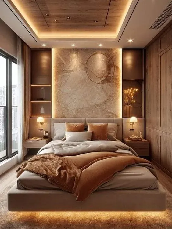 A luxurious master bedroom I designed, featuring a floating bed with under-lighting, a marble accent wall, and rich wood tones. The integrated side tables and shelving create a seamless, high-end look.