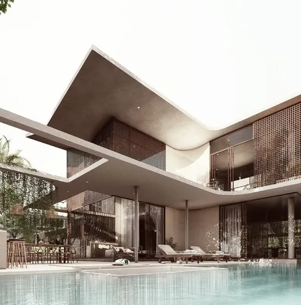 The exterior of the House of Veils is defined by solid, smooth-flowing walls and dramatic overhangs. These powerful forms contrast with the filtered light from screened facades, creating a language of soft, secret spaces that unfold progressively.