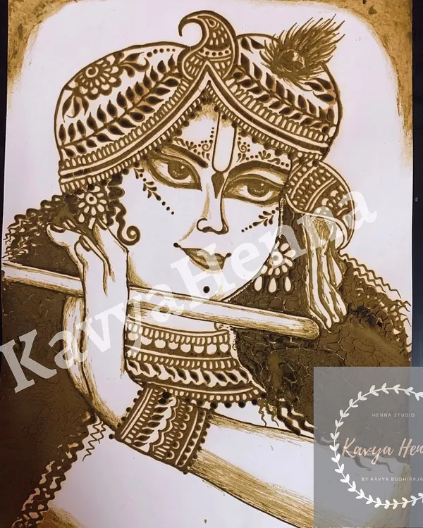 A custom henna portrait of Krishna, created with fine lines and shading for Janamashtami. This devotional art piece is drawn on paper using natural henna paste, showcasing the level of detail possible in my work.