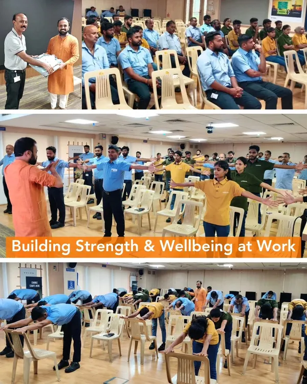I lead a practical chair yoga session for employees at Volvo, focusing on simple stretches to relieve desk-related tension. My corporate wellness programs are designed to be accessible, targeting common workplace issues like posture and back pain.
