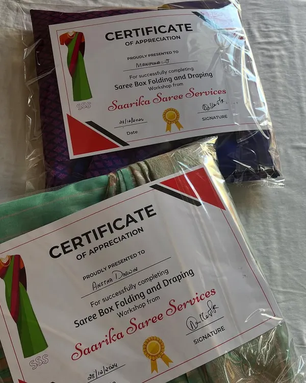 Certificates of appreciation for two of my students from a recent offline workshop on saree draping and box folding. They did a wonderful job.