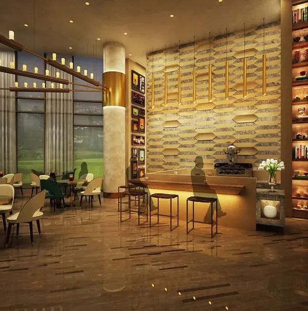 A render of the cafe at M3M Golf Estate, designed to evoke a sense of nostalgic elegance. The space combines classic elements with contemporary touches, featuring warm lighting and a sophisticated bar area.