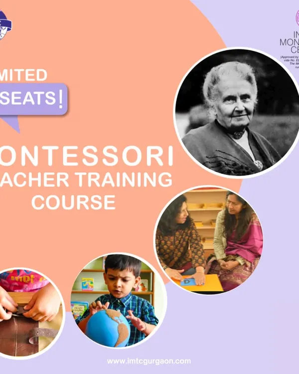 Limited seats are available for our next Montessori Teacher Training Course. This graphic highlights the key components: a blend of online and in-person training, a focus on the 2.5 to 6-year-old child, and a government-recognized diploma. Secure your spot today.