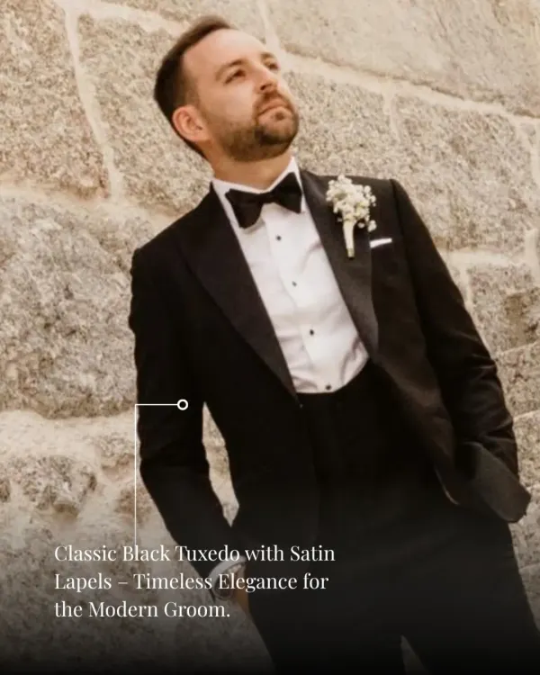 The definitive groom's attire. This classic black tuxedo features elegant satin lapels and is custom-tailored for a perfect silhouette, ensuring timeless sophistication for your wedding day.