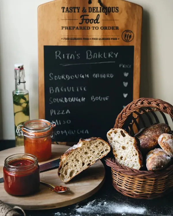 A rustic bakery scene, complete with a menu board, fresh sourdough, and homemade jams. This image tells a story of a small, artisanal bakery and the love that goes into its products.