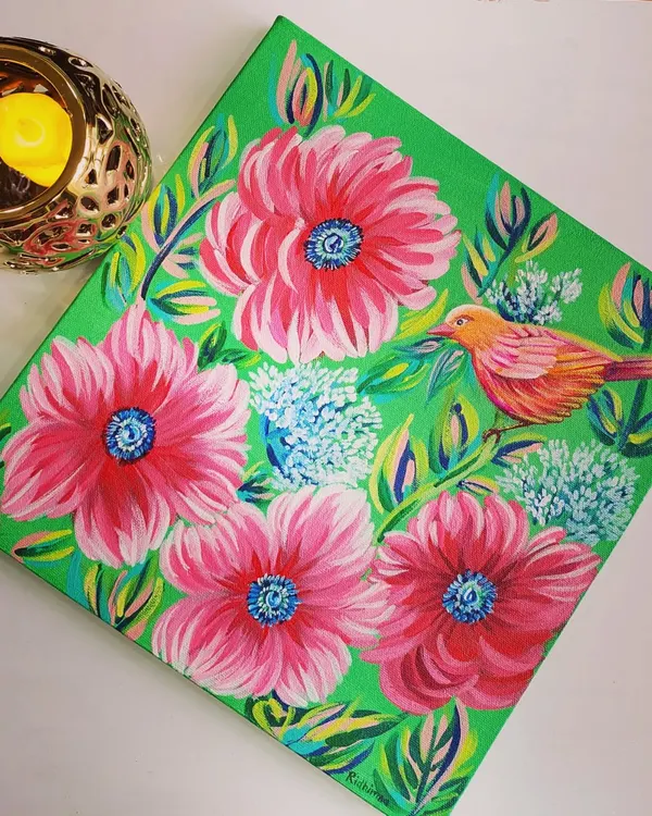 This acrylic painting on canvas features bright pink flowers and a small bird against a vivid green background. It's a cheerful piece that brings the energy of a garden indoors.