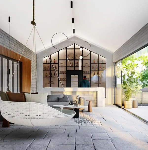 A concept for an upcoming bar and poker lounge on a penthouse terrace. This design emphasizes natural light and an open feel, with a large swing, comfortable seating, and a sleek bar set against exposed brick and wood paneling.