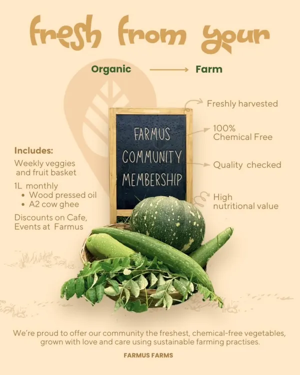 An overview of our Farmus Community Membership. It's the easiest way to get a weekly supply of fresh veggies and fruits, plus our artisanal wood-pressed oil and A2 cow ghee.