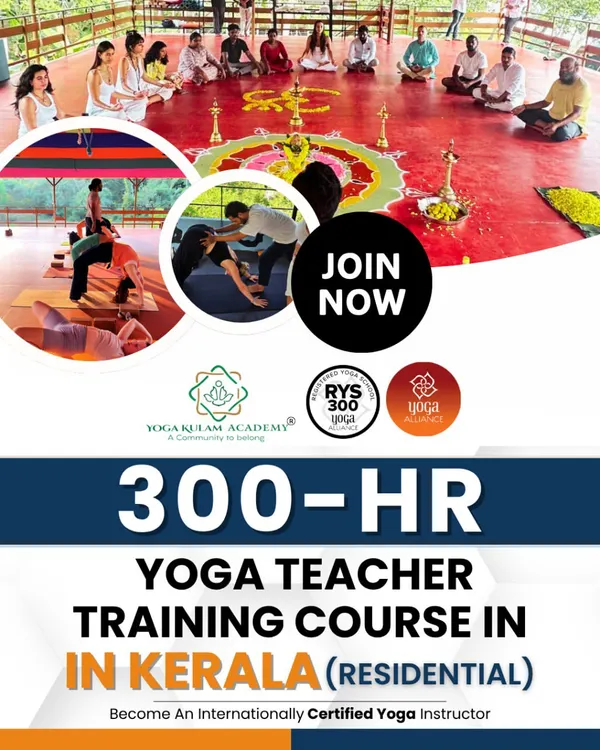 Take your teaching to the next level with our 300-hour residential YTTC in Kerala. This poster captures the spiritual essence of our program, with images of a traditional flower mandala and hands-on adjustments.