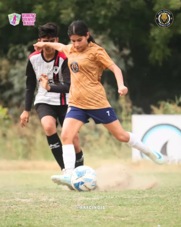 An action shot capturing the raw power of our player striking the ball, kicking up a cloud of dust. This image shows the fierce determination we bring to every single match.