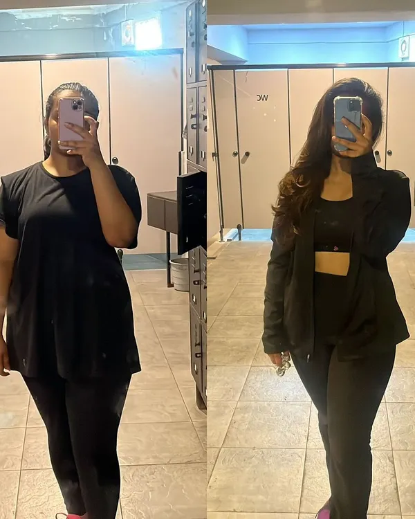 A proud moment showcasing my client Dua's 15 kg weight loss over 11 months. Her journey is a testament to her hard work and our collaborative focus on strength training.