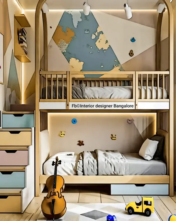 This modern bunk bed design uses light wood and pastel-colored drawers to create a cheerful and organized room. The integrated staircase doubles as storage, making it a smart solution for shared spaces.