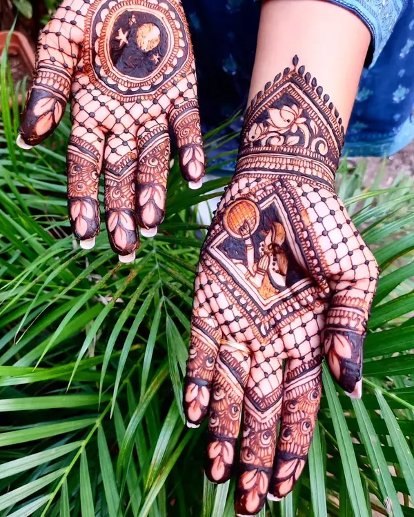 A beautiful Karwa Chauth design featuring the traditional scene of a woman looking at the moon through a sieve. The other hand has a celestial moon and stars pattern.
