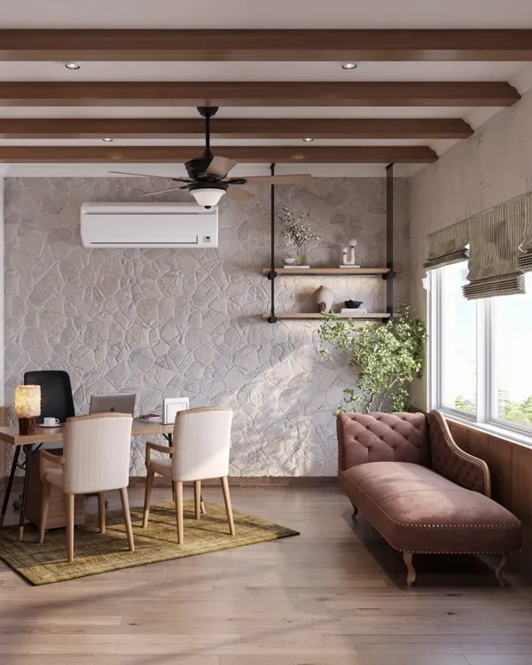 This study room embraces a rustic, earthy aesthetic with quiet elegance. A standout stone feature wall adds grounding texture, while the clean lines of the desk and a plush chaise lounge make it a serene escape to think, work, and create.