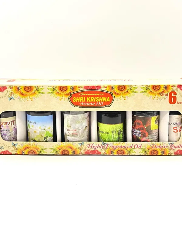 The front view of our aroma oil gift box, showcasing the six different fragrances included in the set. This deluxe quality collection is perfect for exploring a variety of scents for your home or spa.