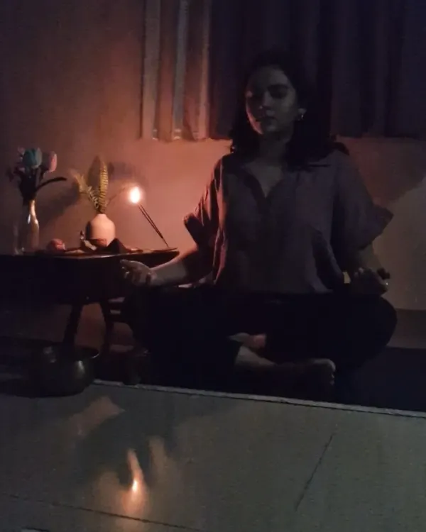 A quiet moment of candlelit meditation at home. Creating a calm and sacred space for my practice is essential, even if it's just in a small corner of my room. This is where I connect with myself at the end of the day.