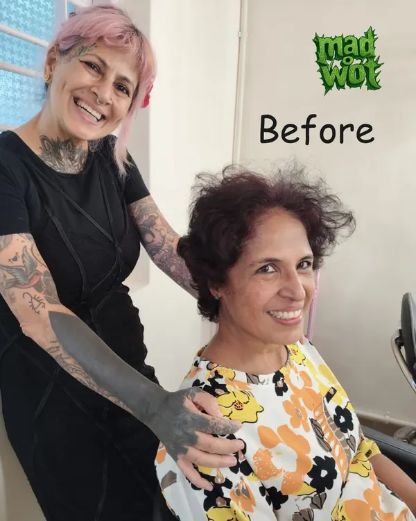 This is Sarita, before her transformation. She saw me in the park and said, 'Sapna dahling, I knew you were back... Christmas is here and my hair isn't!' I knew we had to do something special.