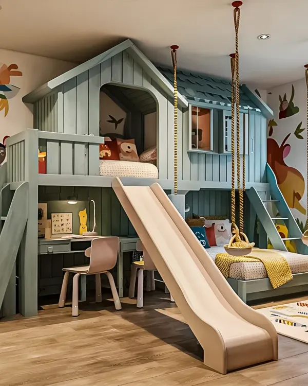 This custom-built treehouse loft bed is a perfect example of how I create functional and imaginative spaces for children. It combines a cozy sleeping nook, a play area with a slide, and an integrated study desk, making the most of a single room.