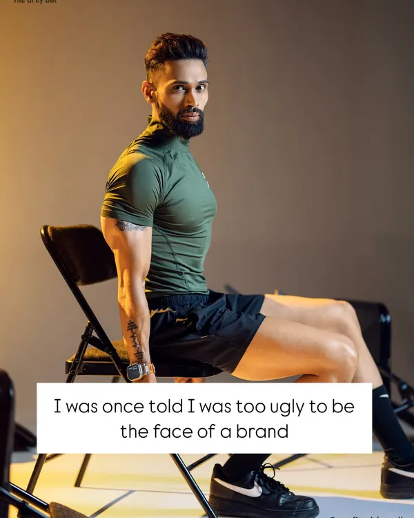 A powerful photo of me with the text "I was once told I was too ugly to be the face of a brand." That comment fueled me to build my own brand, one that is about self-belief and rewriting the story others tell about you.