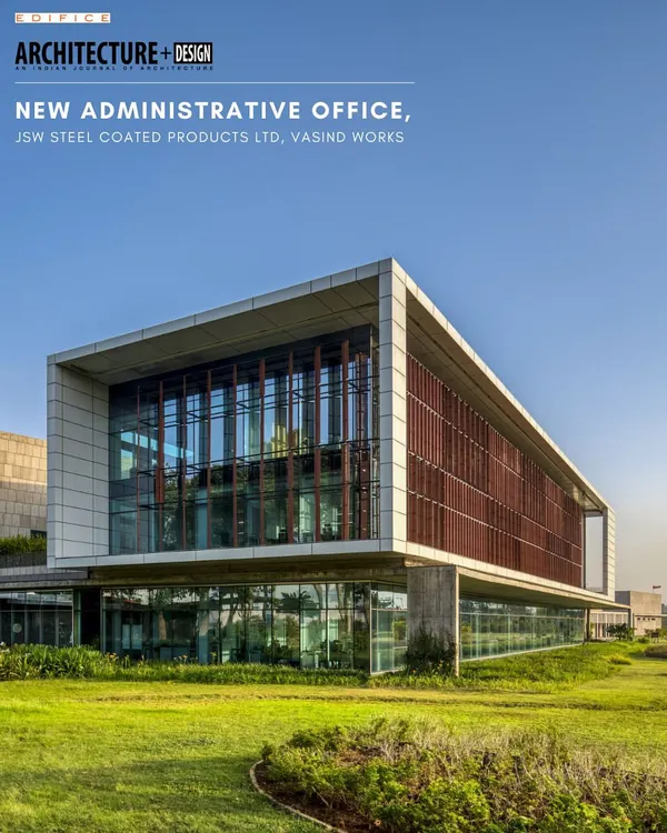 The JSW Steel Administrative Office at Vasind Works, featured in Architecture+Design magazine. This project, which won the JK Architect of the Year Award, consolidates administrative functions into a campus that balances efficiency with environmental sensitivity.