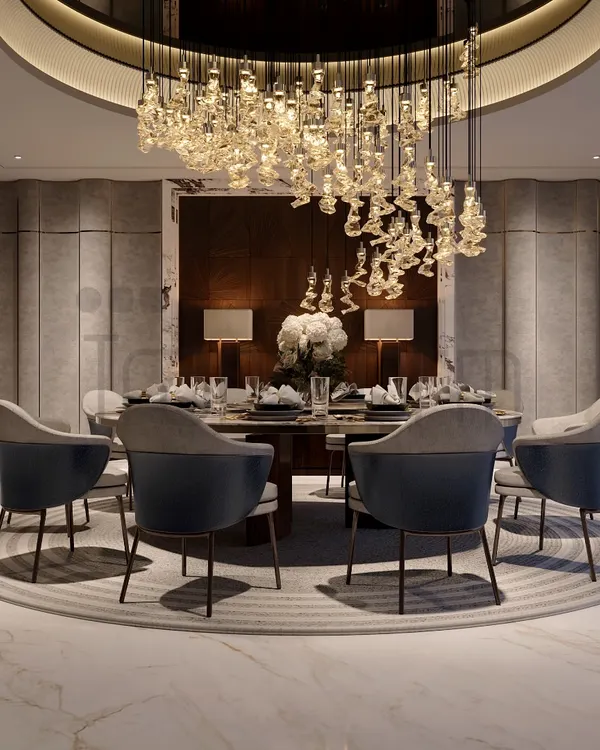 I designed this luxurious dining space as a masterpiece of elegance and sophistication. The stunning crystal chandelier descends over a circular table, creating an intimate yet grand setting for any meal.